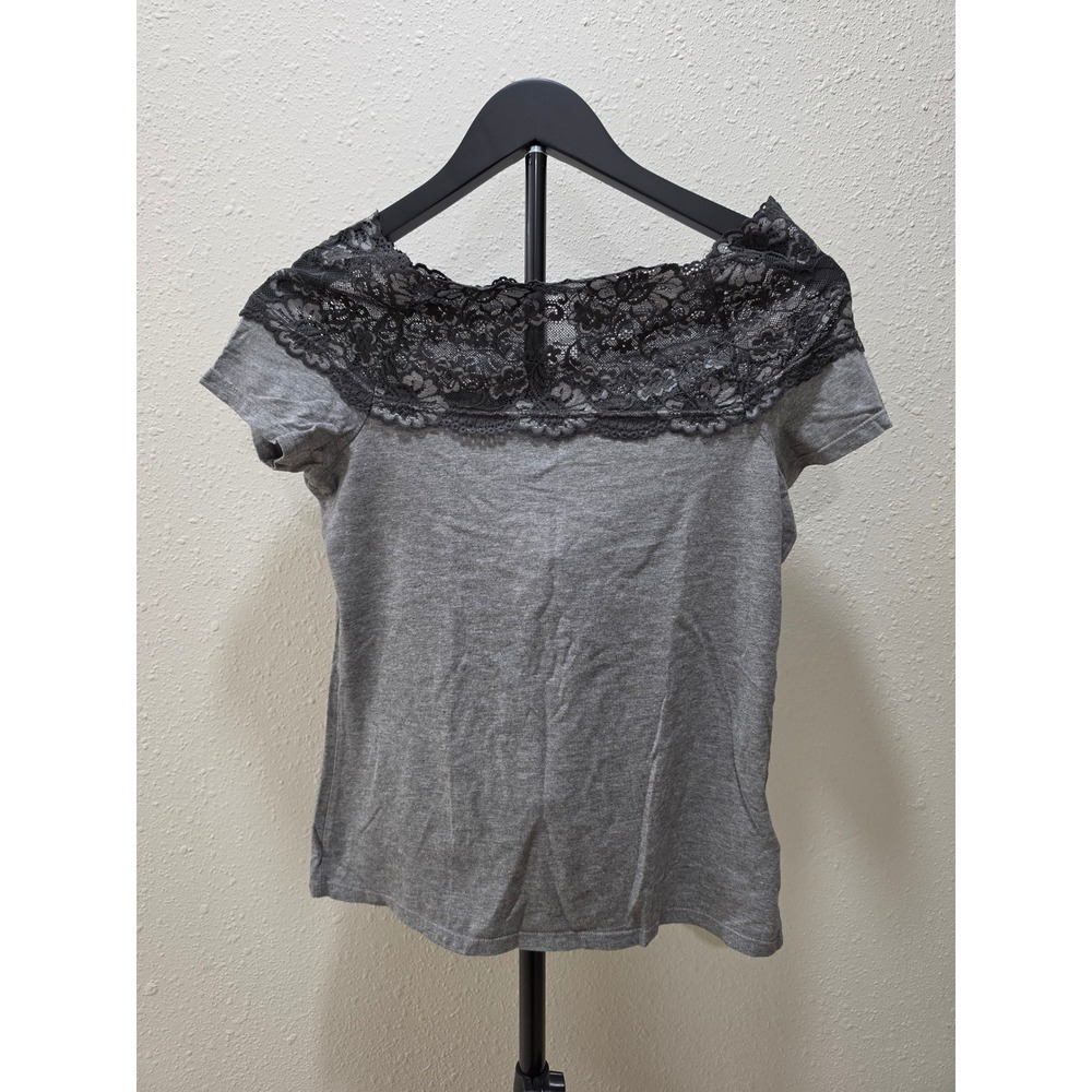 Womens Heather Gray Short Sleeve Top Black Lace Trim Boat Neck Tee